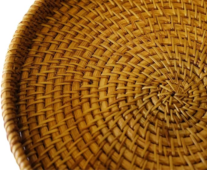 Hand Woven Rattan Serving Basket 8.7 inch - Round Platter for Fruit, Snacks, Appetizers, Bread, Breakfast, BBQs, Parties - Decorative Tray for Living Room, Kitchen, Dining Decor (Small)