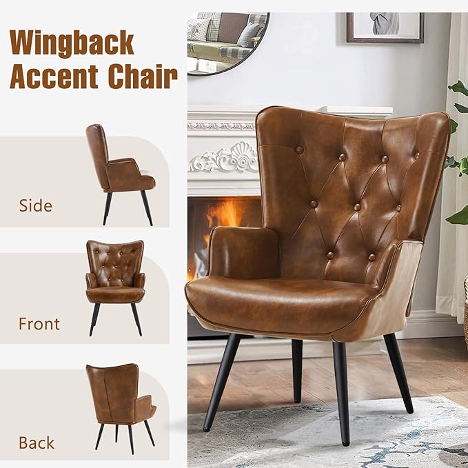 Furniliving PU Leather Accent Chair for Living Room, Upholstered Reading Chair with High Backrest, Tufted-Button Wingback Armchair for Bedroom, Dressing Room, Home Office, Brown, Set of 2