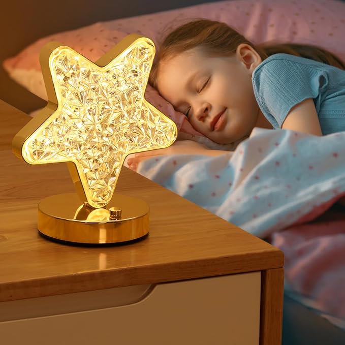 Lewondr Star Table Lamp, Stepless Dimmable Touch Lamp with 3 Colors, Rechargeable Night Light with USB Port, Crystal Star Light Bedside Lamp for Nightstand Desk Bedroom Living Room Home Decor