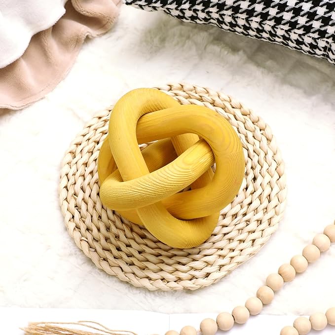 3 Link Wood Knot Decor - Hand Carved Coffee Table Decoration, Boho Chain Link Decor, Modern Shelf, Rustic Objects for Home Living Room Bedroom(Yellow)