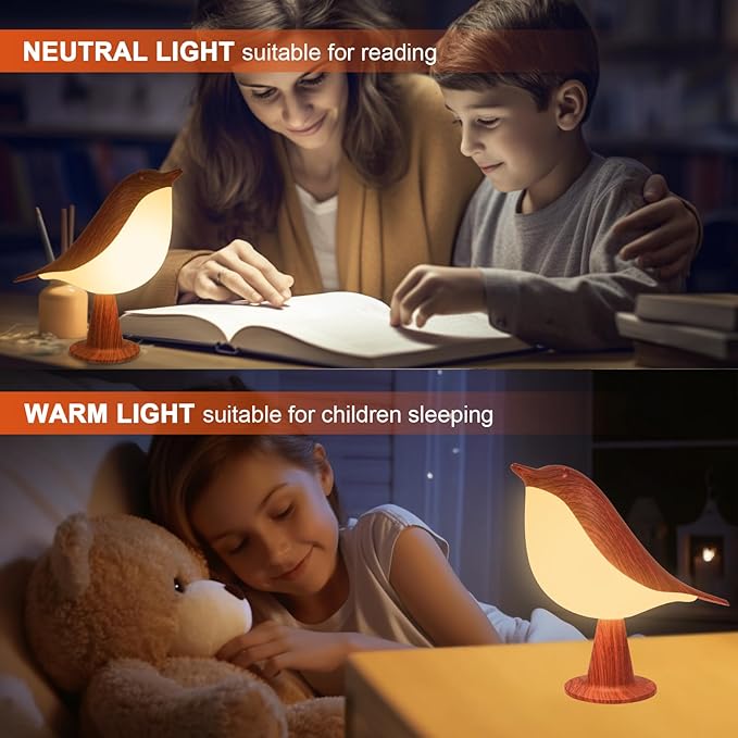 Small Desk Lamp, Bird Bedside Light with 3 Color Temperature and Touch Sensor, Cordless Kids Night Light, Rechargeable Battery for Bedroom Nightstand Table - Red