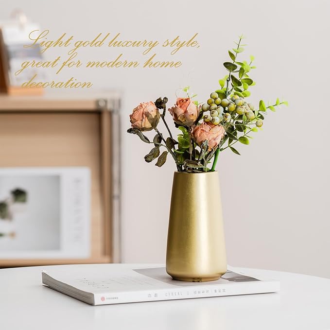 Light Gold Vase - 6" Gold Ceramic Flower vase for Home/Table/Accent Decor, Minimalist Modern Vases Ceramic for Centerpieces, Room Decor, Living Room, Bedroom or Gift