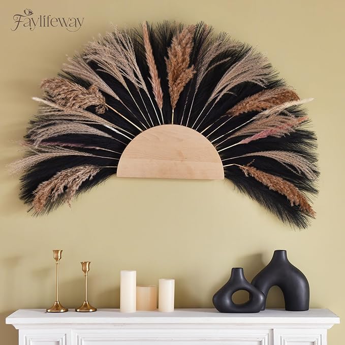 𝟱𝟬𝙥𝙘𝙨 Pampas Grass 𝟭𝟳in, Black Artificial Pampas Grass Faux Plants Floral Fluffy Feathers Vase Filler for Boho Home Wedding Party Decoration (𝗕𝗹𝗮𝗰𝗸)