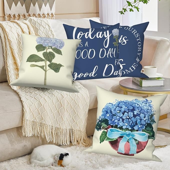 Blue Flowers Throw Pillow Covers 24"x24" Set of 4, Spring Outdoor Pillow Covers Home Decorative Floral Printed Cushion Covers for Couch Sofa Bedroom Farmhouse Livingroom Garden Patio Car