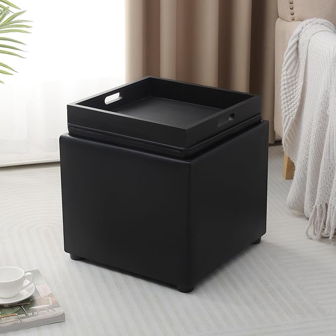 Adeco 17" Black Storage Ottoman Cube with Tray Lid, Small Footstool with Storage, Square End Table for Living Room & Bedroom