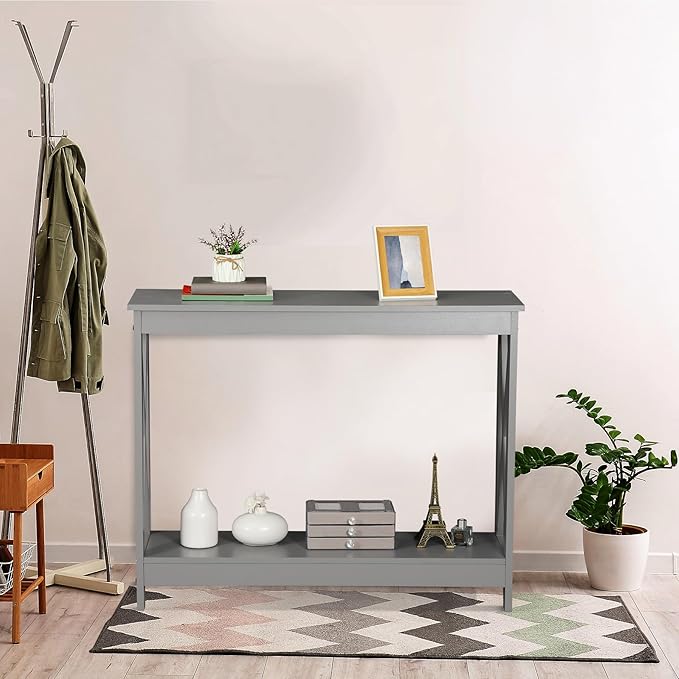 ZenStyle Sofa Side Console Table with 2 Storage Shelves Narrow Accent Table for Entryway/Hallway/Living Room, 39.3in L x 11.8in W x 31.6in H (Grey, 39.3 inch)