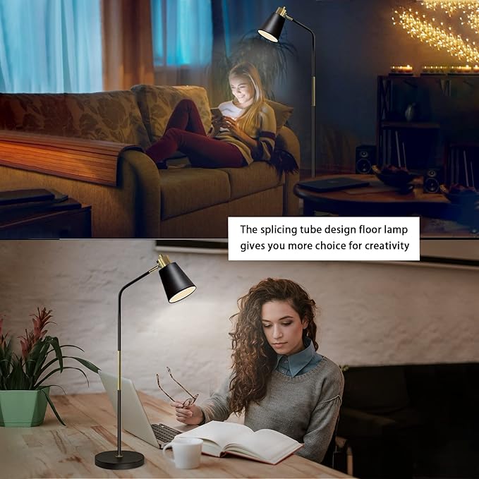 Floor Lamp, Industrial Floor Lamps for Living Rooms Rustic Farmhouse Reading Standing Floor Lamp Adjustable Metal Heads Indoor Task Lighting for Living Room Bedroom Office Home Décor (Black)