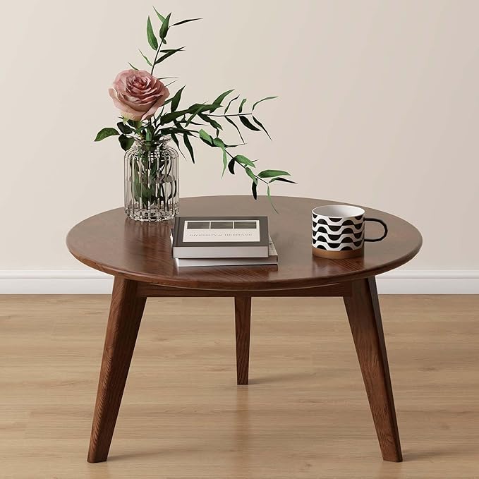 100% Solid Oak Wood Mini Coffee Table, Round Cofffe Tables Side Table w/Solid Wood Legs, Walnut Mid Century Table for Bedroom Balcony Living Room (23.62" D x 13.78" H)