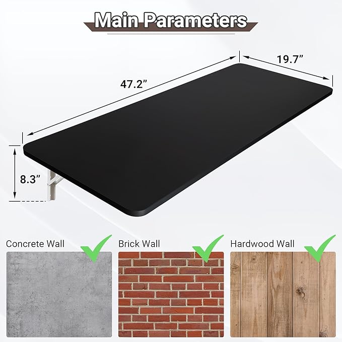 Wall Mounted Folding Table 47.2”L x 19.7”W, Laundry Folding Table with Heavy Duty Metal Collapsible Shelf Brackets, Wall Mounted Desk Fold Down for Small Spaces, Black