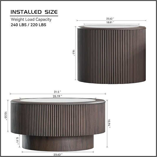 Nesting Coffee Table Set of 2, Modern Round Wooden Circle Accent Coffee Tables for Small Spaces Living Room Bedroom Balcony Office Drum Side Table