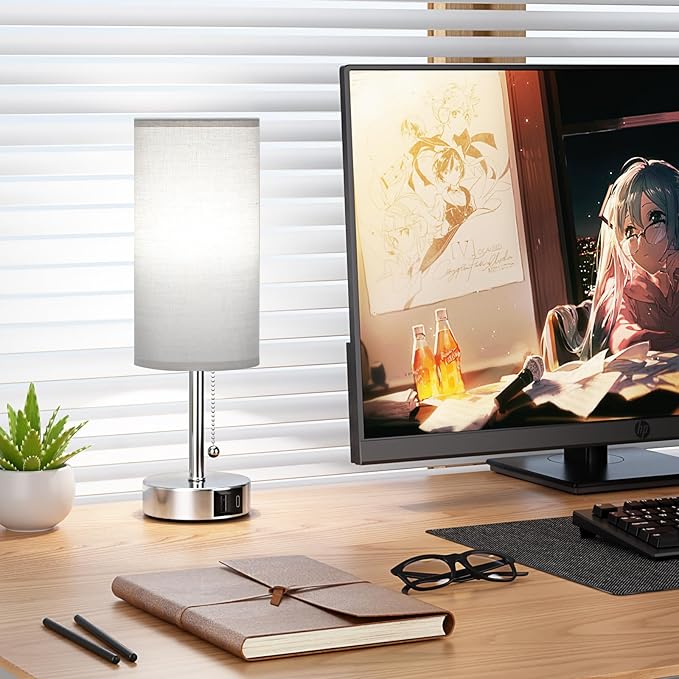 Silver Bedside Lamps for Bedroom Set of 2 - Nightstand Table Lamp with USB A + C Charging Port, 3 Color Temperatures Pull Chain Night Stand Light, Side Table Desk Reading Lamp for Living Room/Dorm