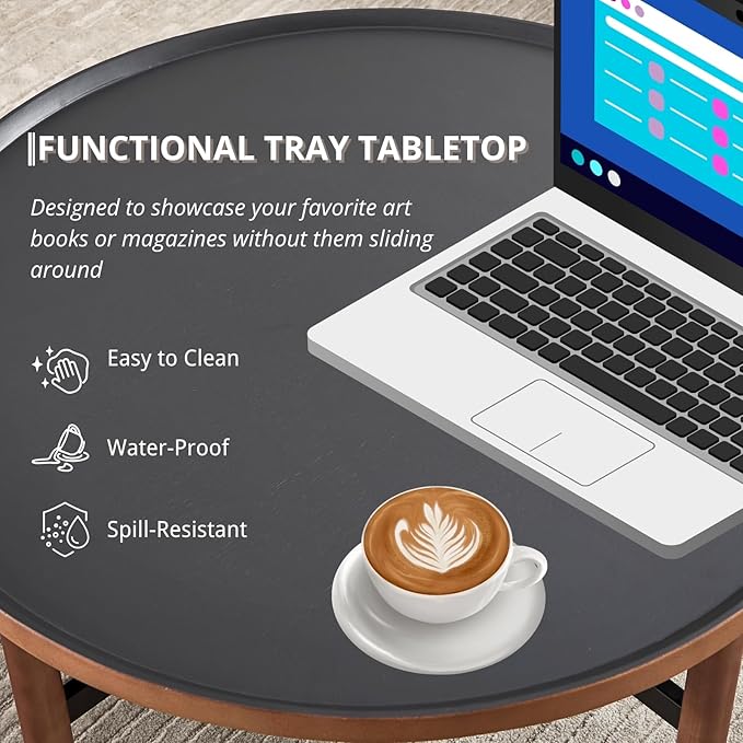 HEAH-YO Round Nesting Coffee Table Set of 2, Wood Tray Top Accent Table with Walnut Wrapped Metal Legs, Industrial & Farmhouse End Table for Living Room/Office Reception, Black