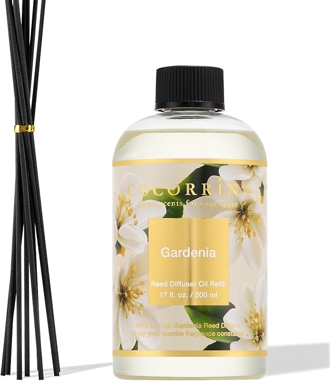 Cocorrína Reed Diffuser Refill Gardenia 17oz (500ml) with 8 Sticks - Premium Long-Lasting Scented Oil, Home Fragrance for Bedroom, Bathroom Home Decor