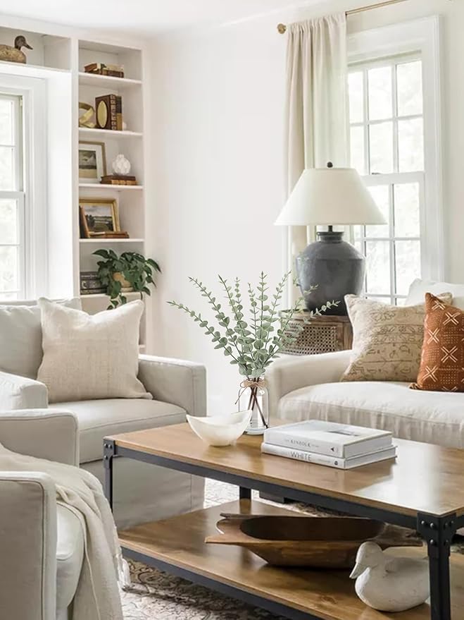 Artificial Eucalyptus Stems in Glass Vase with Faux Water，15.75" Fake Plants for Home Decor, Coffee Table Centerpieces, Office, Bathroom & Farmhouse Weddings - Faux Greenery Plants Decorations