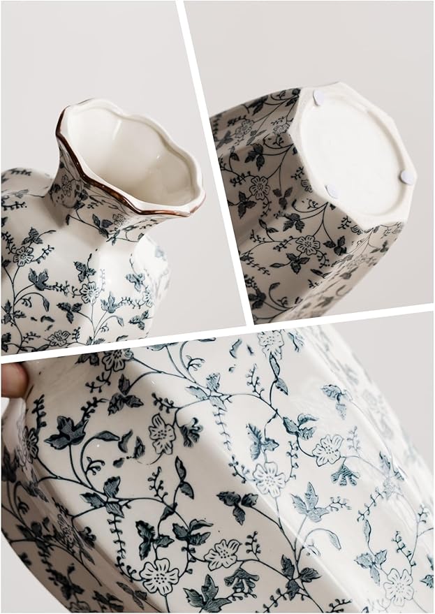 Blue and White Vase, Vintage Blue Ceramic Flower Vessel,Ceramic vases for Home Decor,Vintage Green and Beige for Console Table Mantle Chinoiserie Decor (Retro-01, Large)