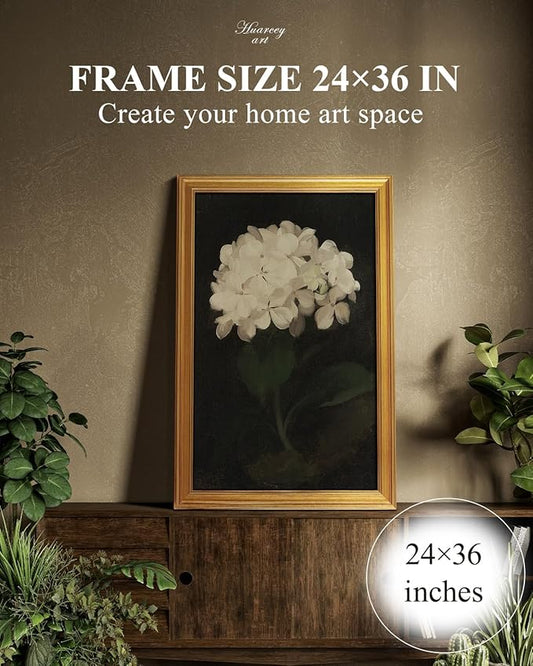HUARCEY Gold Framed Vintage Wall Art for Living Room, Flowers Painting Canvas Print Shelf Decor for Kitchen, Aesthetic Bedroom Wall Art, Christmas Gifts for Friends or Family (White Hydrangea 24"x36")