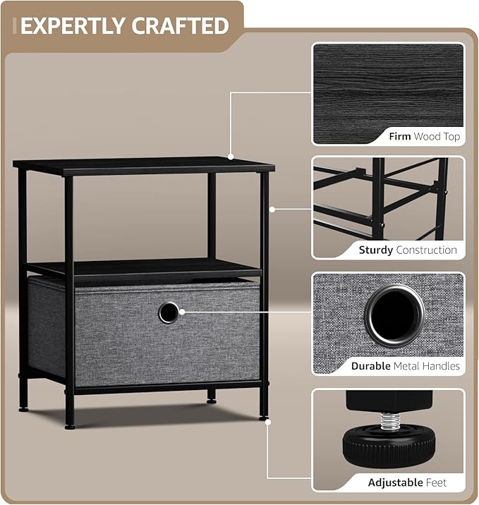 Sorbus Nightstand 1-Drawer Shelf Storage - Bedside Furniture & End Table Chest Dresser with Steel Frame, Wood Top & Easy Pull Fabric Bins for Home, Bedroom, Closets, Bathroom, Office & College Dorm