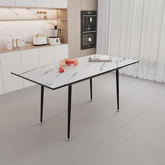 Marble Dining Table for 4-6, 47''-63'' Extendable Dining Table, Modern Kitchen Table, Space Saving Rectangular Table for Office and Dining Room (White)