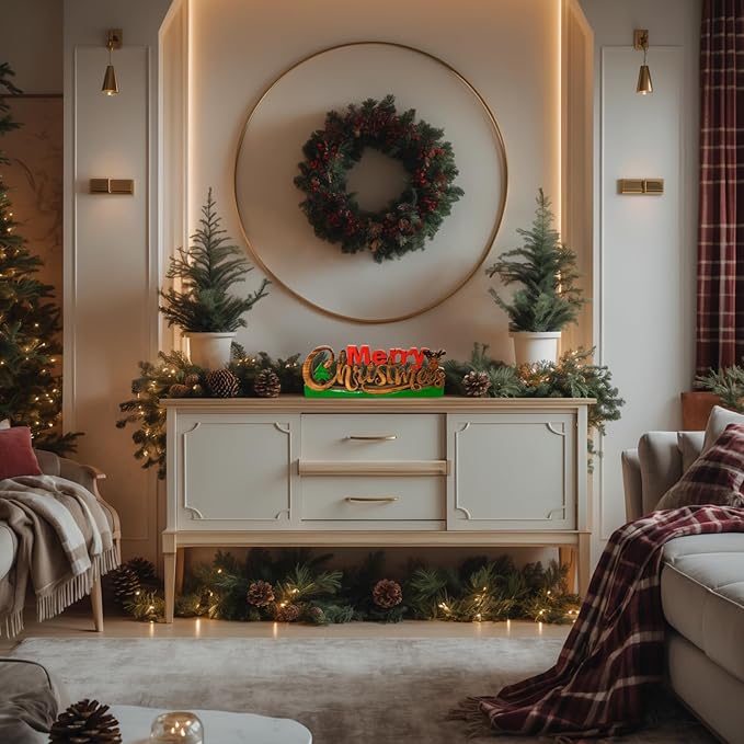 Decozen Living Room Decor: Handcrafted Merry Christmas Centerpiece - Christmas, Bedroom, Indoor Coffee Table, Dining Room, Farmhouse & Kitchen Decor, Housewarming Gifts - Solid Wood