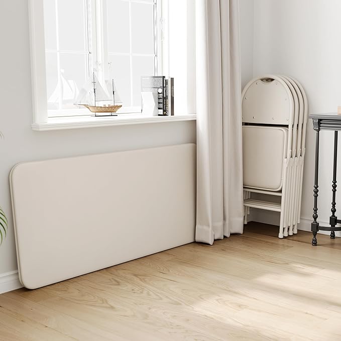 5-Piece Rectangle Folding Table and Chairs Set, Foldable Portable Card Table and Chairs, Scratch & Stain Resistant Tabletop, for Dining Room, Living Room, Office, Camping, Gatherings, Beige