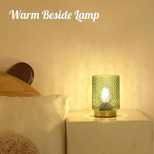 Battery Operated Lamp with Timer, Small Table Lamp for Shelf Decor, Glass Cordless Lamps Bedside Cozy Light for Living Room/Coffee Table/Entryway Diamond Design-Green