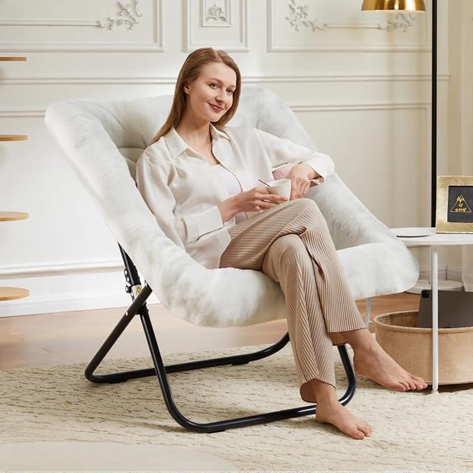 DUMOS Comfy Chair for Adults, Soft Faux Fur Folding Lounge for Bedroom Living Room Dorm Rooms Flexible Reading Chair for Teens, Large Size Foldable (Square-Creamy)