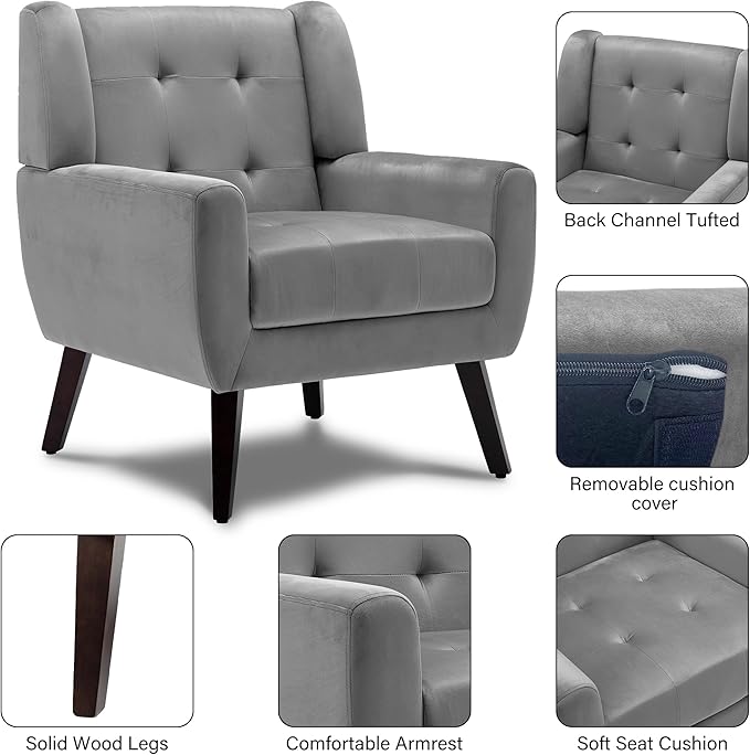 2 Pack Mid Century Modern Accent Chairs, Button Tufted Velvet Upholstered Armchairs with Arms - Matching Set for Living Room, Comfortable Sofa Chairs for Bedroom & Home Office, Compact, Gray