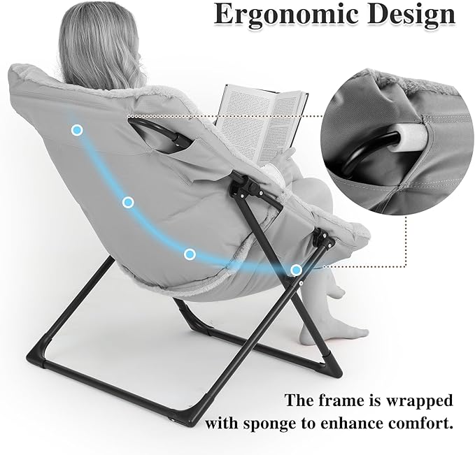 Comfy Saucer Chair for Adults, Soft Faux Fur Bedroom Chair with Ottoman, Accent Dorm Chairs, Living Room Reading Chairs and Footstool, Folding Lounge Seat for Teens, X-Large, Light Pink