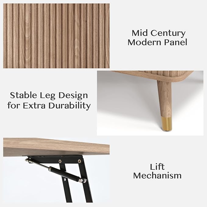 Lift Top Coffee Table with Storage Shelf & Hidden Compartment, Mid Century Modern Fluted Rectangle Dining Table for Living Room, Home Office, Natural Oak