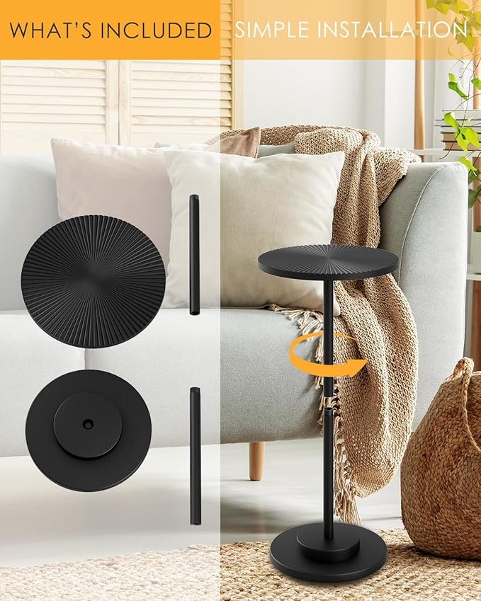 Round Side Table, Small Drink Table for Small Spaces, Modern Accent End Table with Metal Leg for Living Room, Bedroom, Corners, and Office (Black)