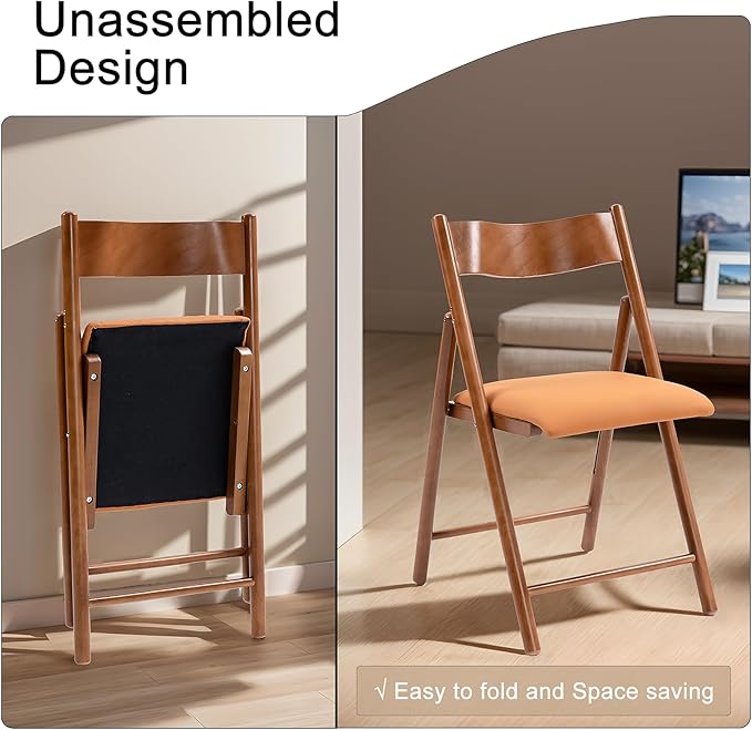 Folding Chairs Set of 2, Wooden Foldable Dining Chairs with Faux Leather Cushion 2-Pack Portable and Stackable Chairs for Dining Kitchen Office Wedding Picnic(Orange,2Pack)