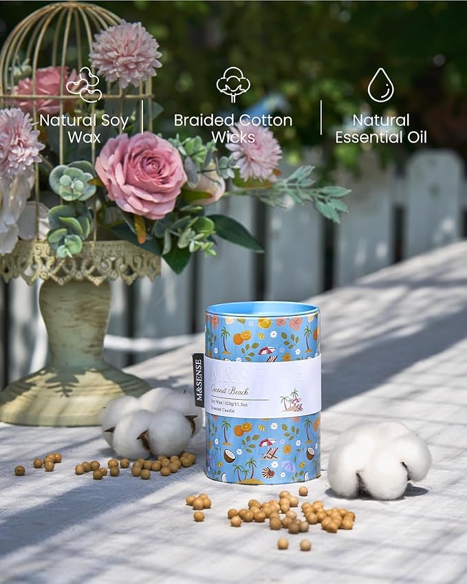 M&SENSE Coconut Beach Scented Candle, Medium Jar Candle 11.3oz Natural Soy Wax for Home Scented, Floral Candles Gift for Spring Holiday, Up to 70 Hours Burning Long-Lasting Fragrance