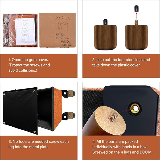 15 Inch Storage Ottoman with Wooden Legs - Cube Foot Rest Stool, Square Footstool, Comfortable Seat with Lid, Foldable Fabric Ottoman, Space-Saving Orange