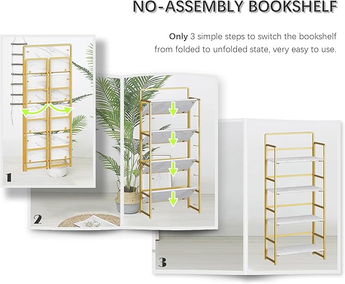 4NM No Assembly Folding Bookshelf, 4-Shelf 54" H Collapsible Foldable Bookcase Storage for Small Spaces, White and Golden