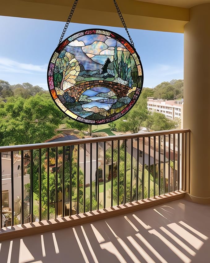 Stained Glass Window Hanging, Blue Landscape Arch Bridge Sun Catcher for Door Home Decor Suncatcher Christmas Mother's Day Birthday Gifts for Women Men Mom and Nana 7.8 in