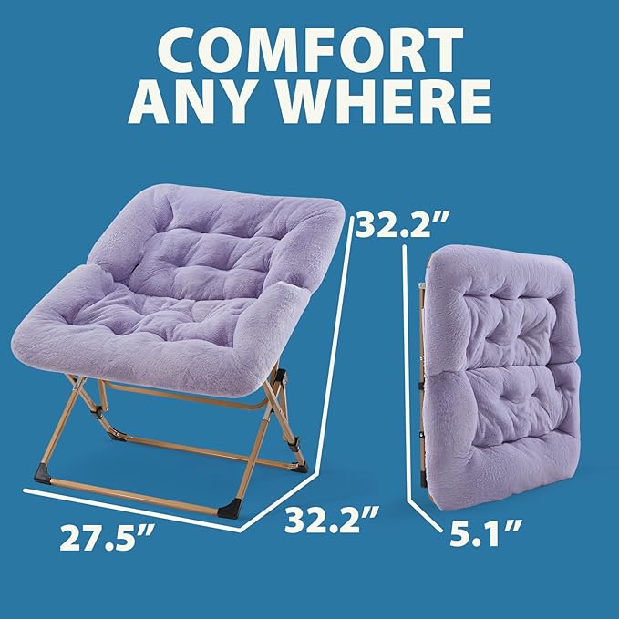 OAKHAM Comfy Chair for Adults, Soft Faux Fur Folding Lounge for Bedroom Living Room Dorm Rooms Flexible Reading Chair for Teens Kids, X-Large Foldable (Faux Fur-Lavender)