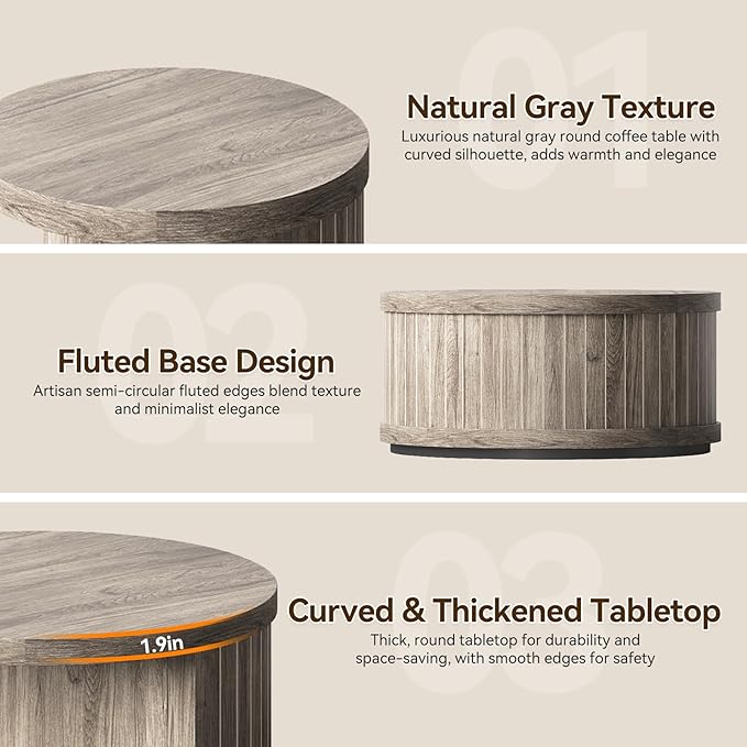 31-Inch Round Wood Coffee Table with Shelf for Living Room, 2-Tier Fluted Center Tea Tables with Wooden Circle Tabletop and Open Shelves for Home Apartment Small Spaces, Wash Gray