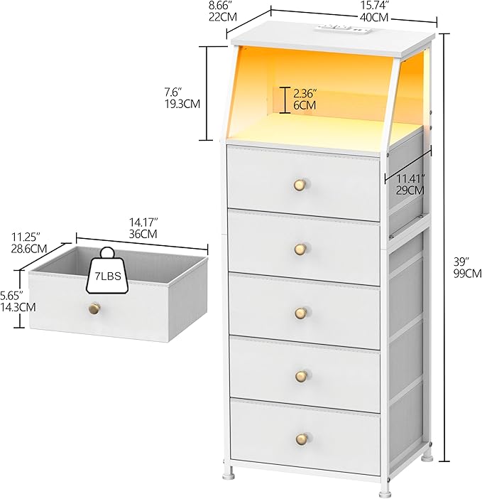 Tohomeor Dresser with Fabric Drawers Nightstand with 2 Tier Shelf Storage Tower for Bedroom Hallway Entryway Closet Organizer Sofa Beside Table Furniture (White, 5 Drawers)