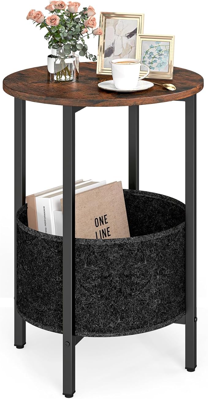 Giantex Round End Table, Small Side Table with Removable Fabric Basket, Modern Bedside Table with Metal Frame, Sofa Couch Accent Table for Small Space Living Room, Nightstand for Bedroom, Rustic Brown