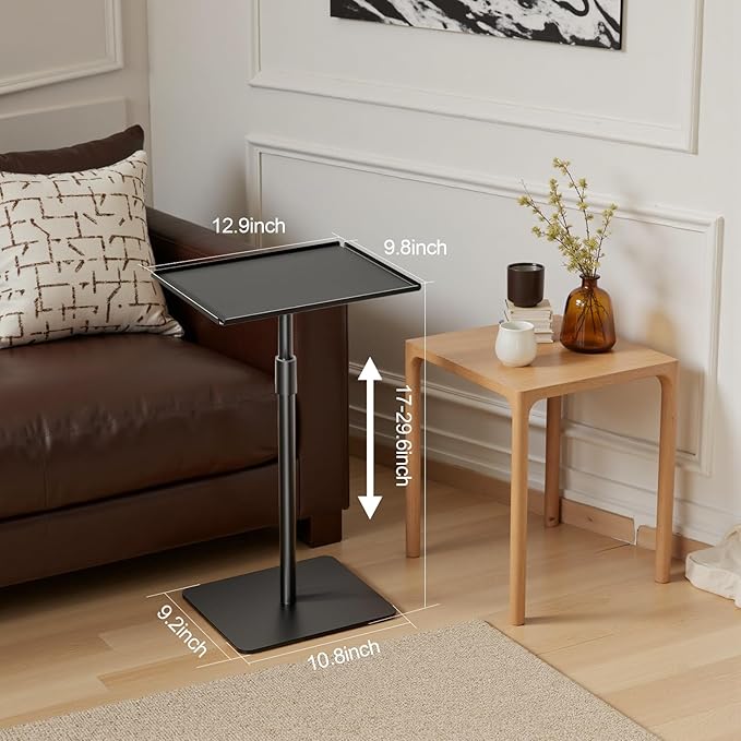 Height Adjustable C Shaped End Table,Metal Sofa Side Table,Small TV Tray Table for Small Spaces with Matte Black Tray,Bed Table Drink Coffee Tables for Bedroom,Black