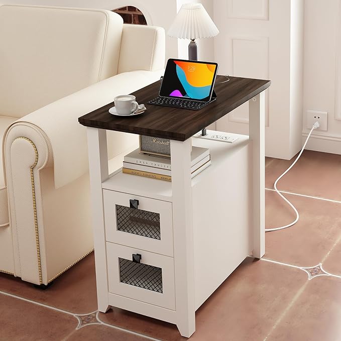 Farmhouse XXL End Table with Charging Station, Narrow Side Table with USB Ports and Outlets, Nightstand with 2 Drawers Storage, Bedside Tables for Living Room, Bedroom, Rustic Walnut White