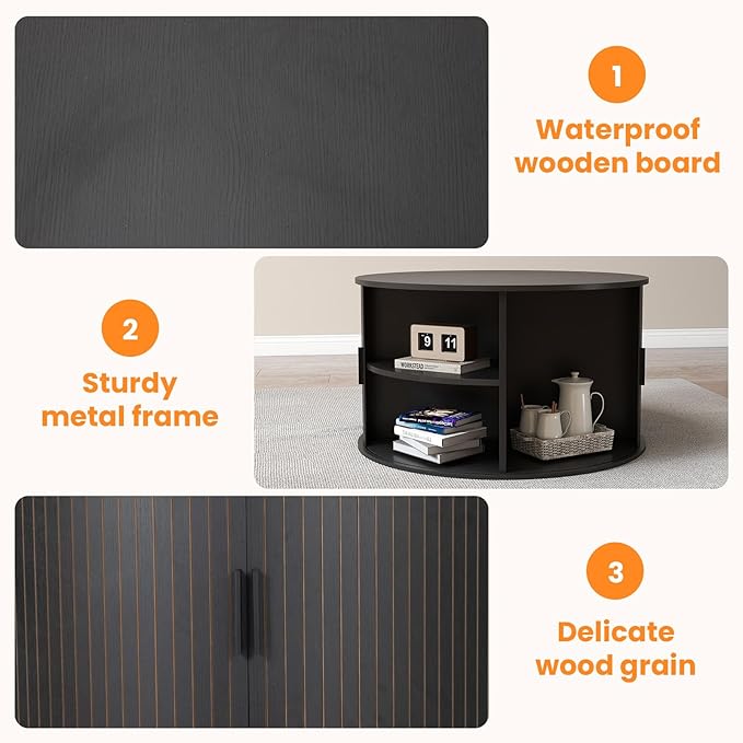 Coffee Table with Storage,31.5" Wood Round Coffee Table Hidden Storage and Open Shelves with 360°Curved Sliding Door,for Living Room Office Apartment,Black