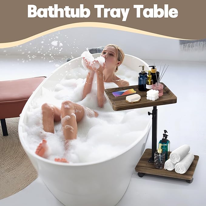 Aoligrace C Table End Table Adjustable Height, 360° Swivel Side Table with Wheels, Small TV Tray Table for Living Room Bedroom, Couch Tables That Slide Under for Sofa Bed Chair