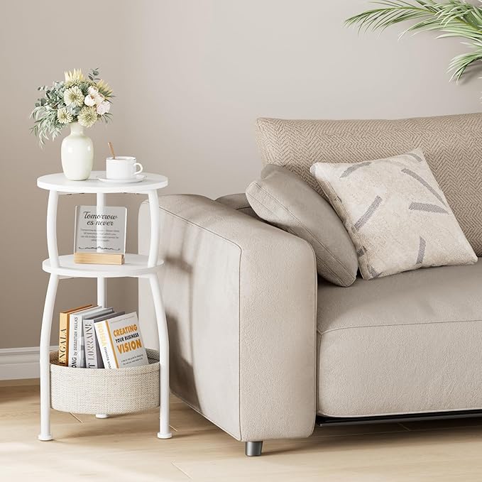Small Round Side Table for Living Room with Storage Basket –Small Space Saving End Table 3-Tier Nightstand Couch Corner Stand Bedroom, Garden and More 24in Tall Matte White