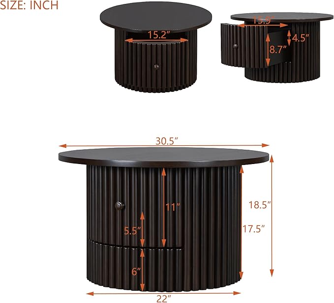 Harper & Bright Designs Round Coffee Table for Living Room in Dark Brown, Farmhouse Coffee Table with a Drawer, Center Table with Vertical Slat Base in 30.5"