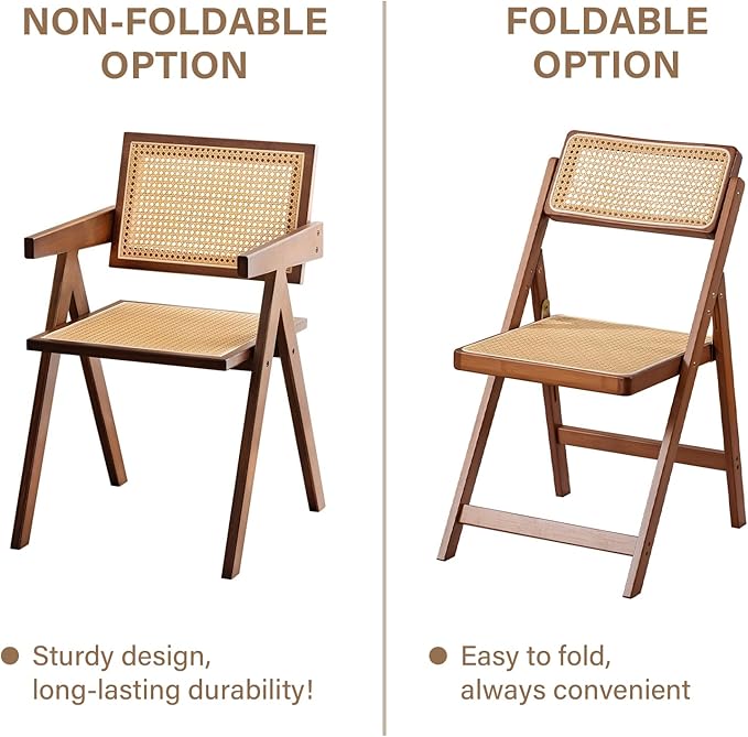 Rattan Folding Chairs, Modern Mid Century Dining Chairs Set of 2, Outdoor Bamboo Chairs for Bedroom Living Room Reading Room Dining Kitchen, Walnut