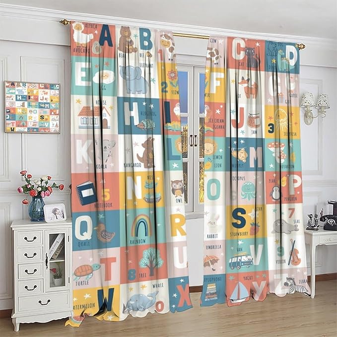 BAEKJIN Kids Alphabet Curtains，Catoon Wild Animals Pattern Print Decor Window Drapes for Bedroom Living Room 42x45 Inch