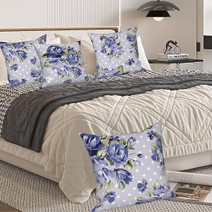 Blue Flower Throw Pillow Covers 22"x22" Set of 4, Vintage Floral Sofa Cushion Cover for Chair Couch Bed Living Room Office Car Garden Patio Farmhouse Indoor Outdoor Decorative