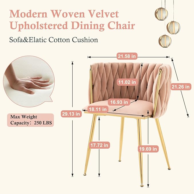 NIOIIKIT Modern Velvet Dining Chairs Hand Weaving Accent Chairs Living Room Chairs Upholstered Side Chair with Golden Metal Legs for Dining Room Kitchen Vanity Living Room (Pink)