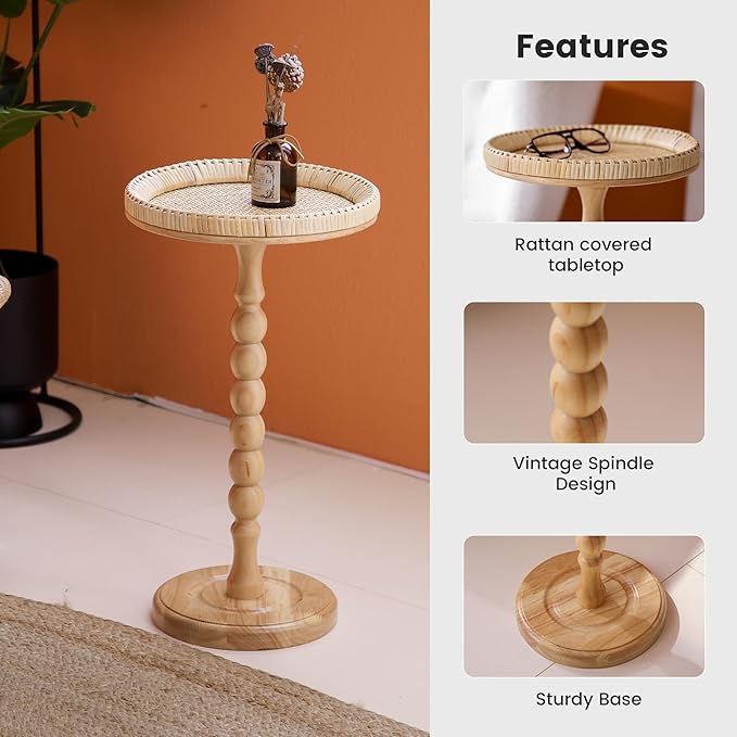 Drink Table，Rattan Round Small Side Table for Small Spaces, Boho Circle End Table Coffee Table with Solid Wood Leg for Living Room, Pedestal Table for Bedroom, Corners